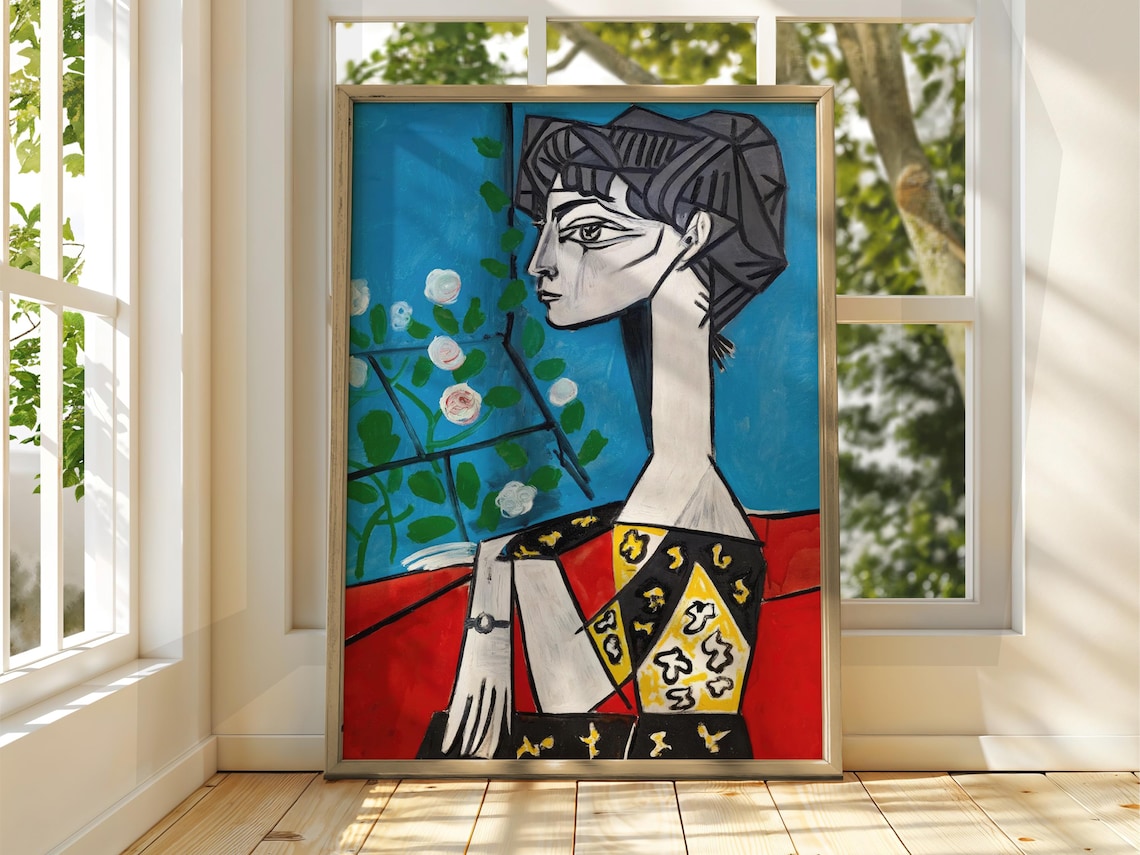 Picasso Style Cubist Woman Portrait Blue Red Abstract Art Poster
