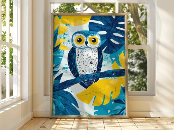 Blue Yellow Owl Poster Bird Wall Art Animal Illustration Floral Bright Home Decor Print Tropical