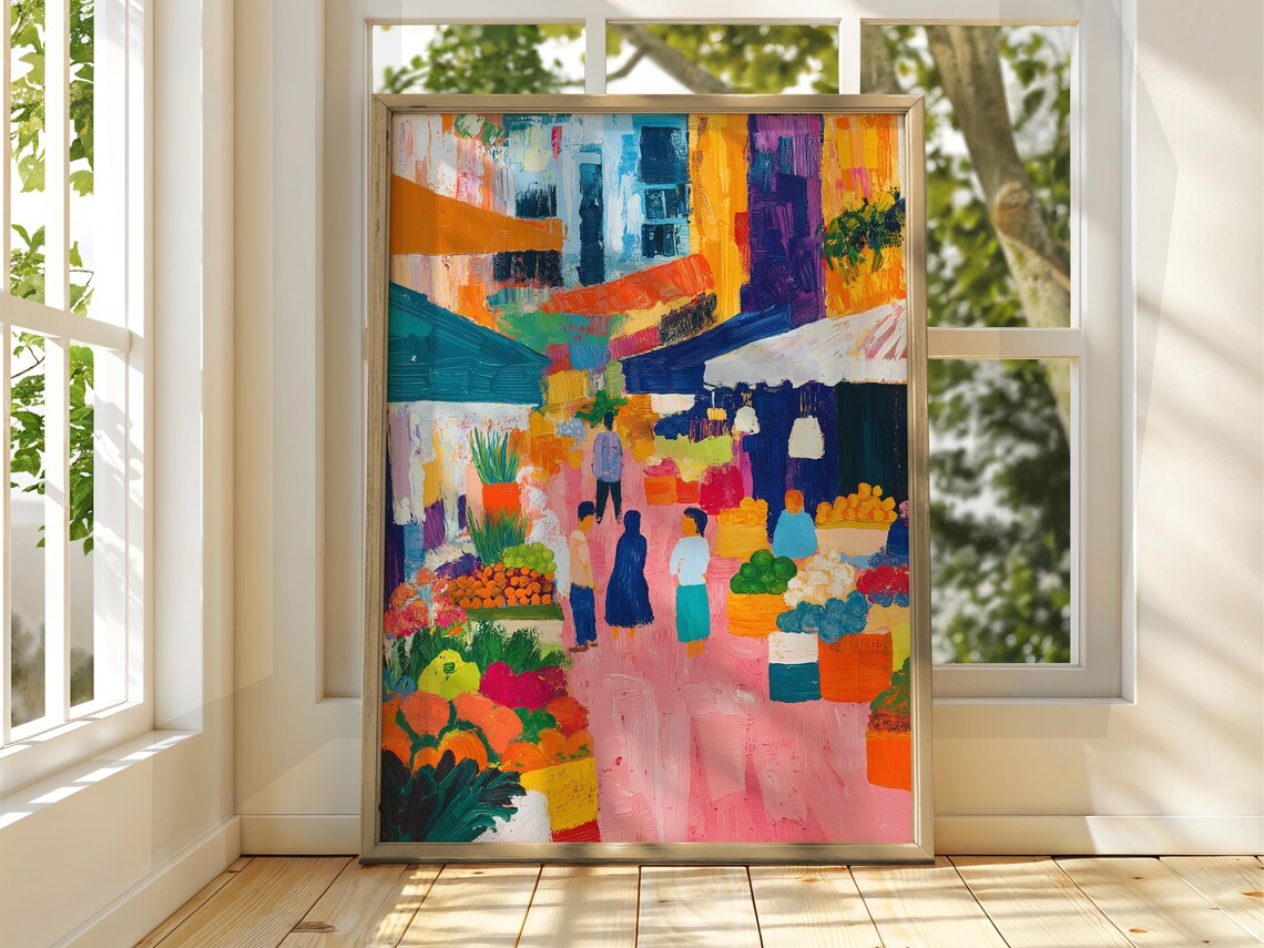 Matisse Style Street Market Poster With Colorful Stalls And Shoppers