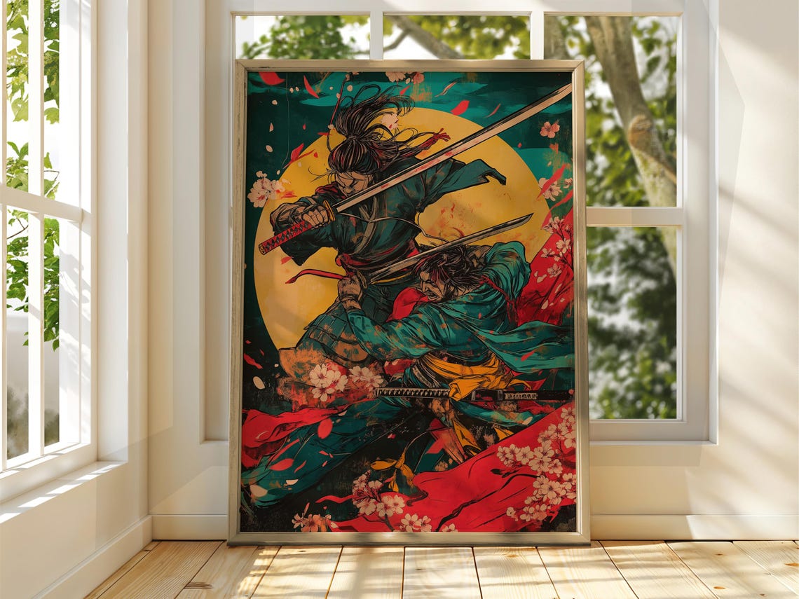 Samurai Battle Poster with Cherry Blossoms and Golden Moon Art