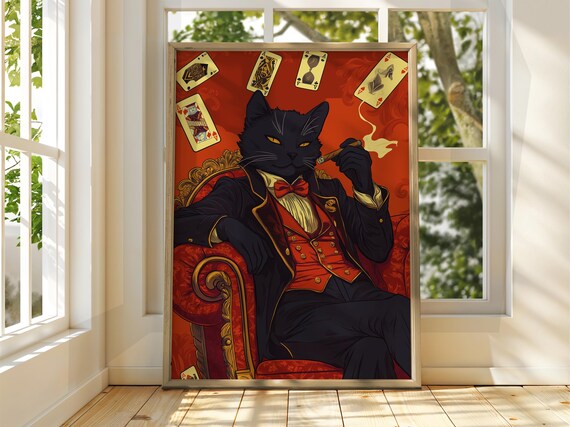 Gambling Cat Cigar Playing Cards Red Suit Vintage Casino Poster
