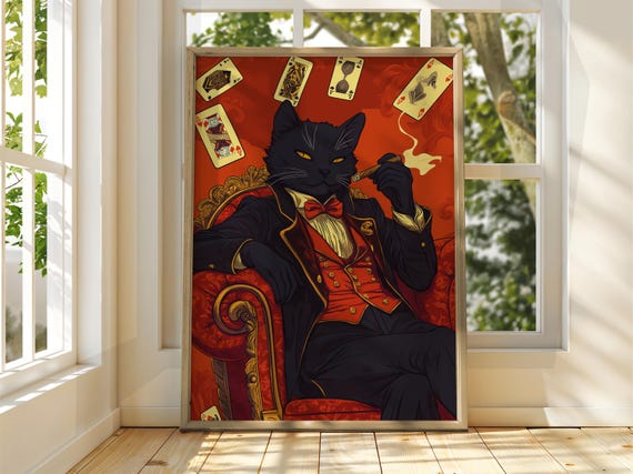 Gambling Cat Poster Wall Art Illustration Fun Animal Funny Feline Drinking Wine Prints Black