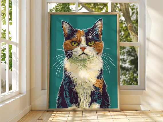 Calico Cat Portrait Teal Background Bold Vintage Cat Lover Art Poster
