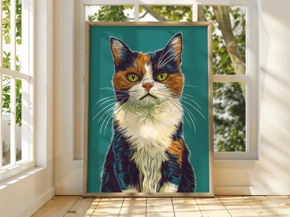 Colourful Cat Poster Wall Art Illustration Fun Animal Feline Decor Kitten Black Pet Blue