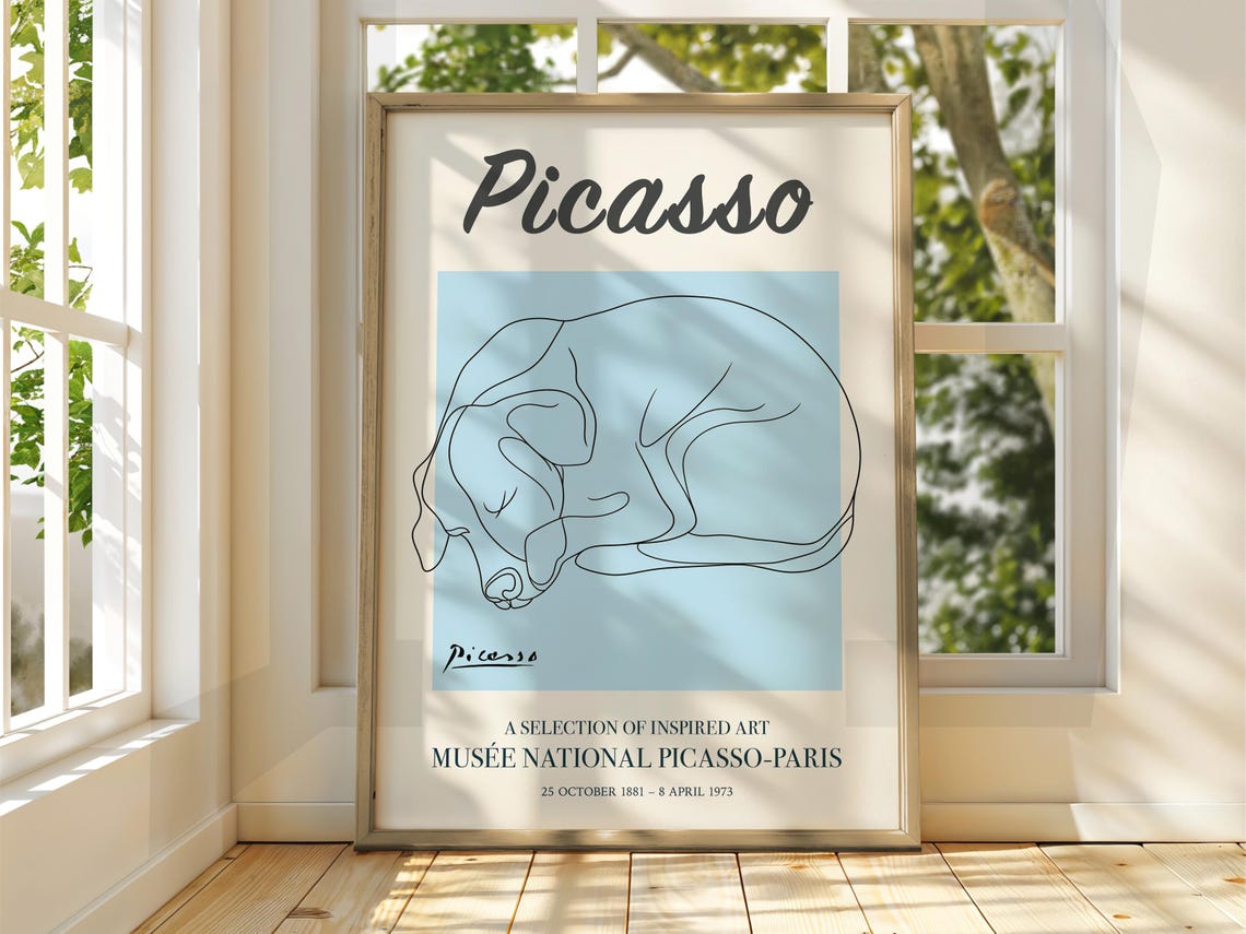Picasso Style Curled Up Sleeping Dog Line Drawing Art Poster
