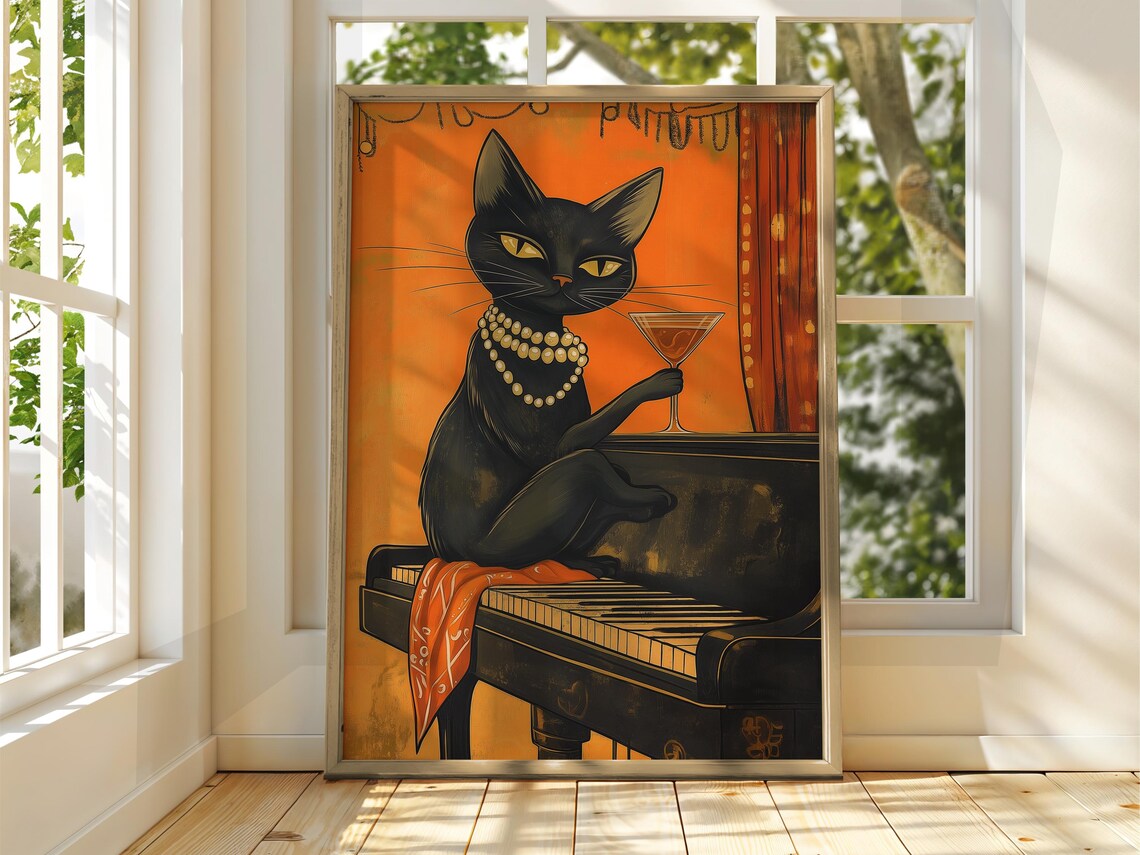 Cat With Wine Poster, Funny Animal Illustration