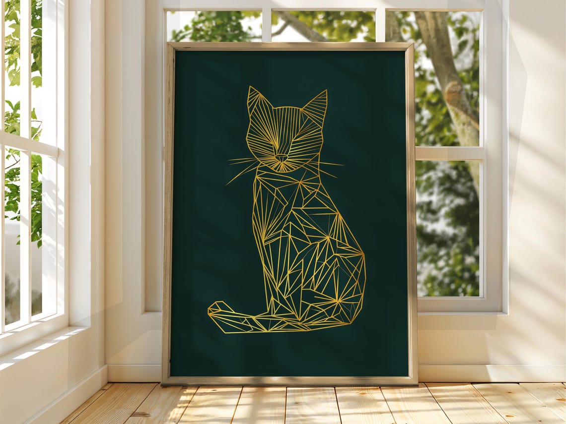 Geometric Gold Cat Line Art Dark Green Background Animal Poster