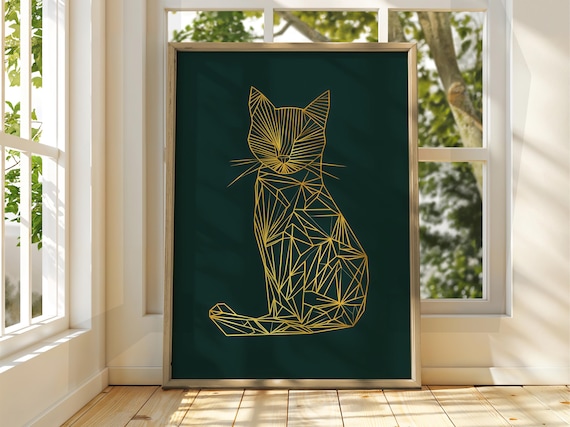 Geometric Gold Cat Line Art Dark Green Background Animal Poster