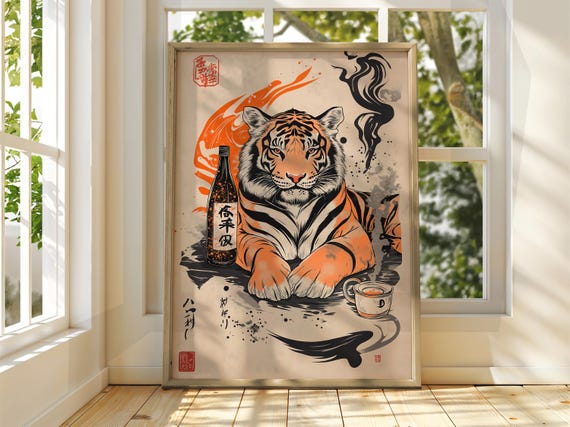 Tiger With Soju Art Vintage Japanese Wall Animal Poster Funny Print Sake Cat