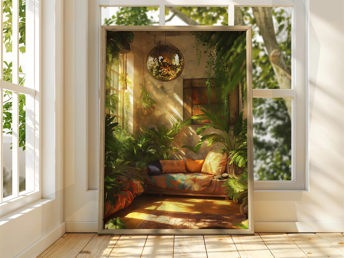 Disco Ball Hanging in a Sunlit Plant Filled Cozy Room Retro Poster