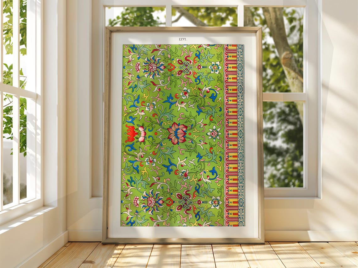 Intricate Green Floral Ornament Vintage Pattern Plate Poster