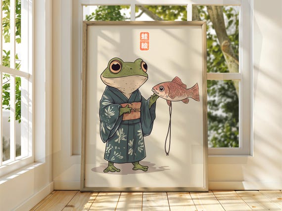 Japanese Vintage Frog Art Matsumoto Hoji Wall Animal Poster Funny Print Fish