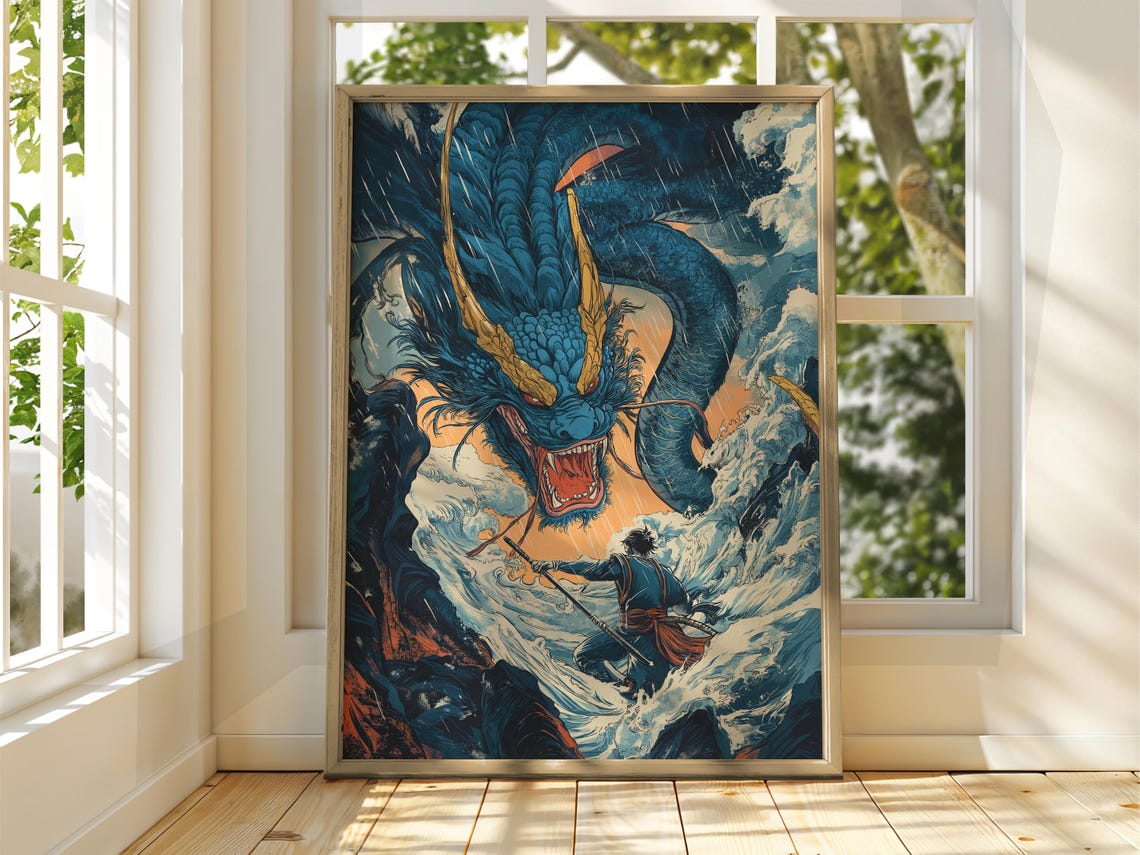 Epic Japanese Dragon Warrior Ocean Battle Blue Ink Art Poster
