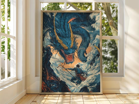 Epic Japanese Dragon Warrior Ocean Battle Blue Ink Art Poster