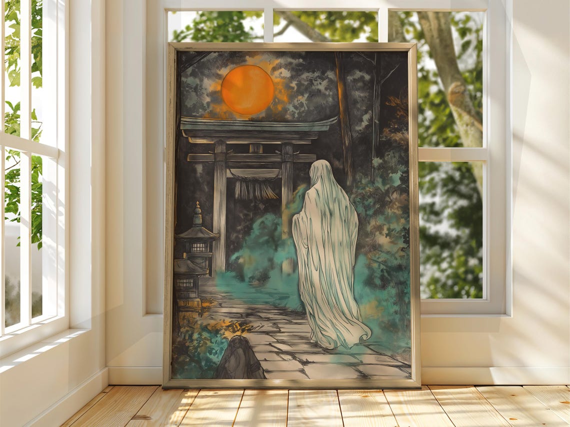 Japanese Ghost Spirit Before Torii Gate Red Moon Dark Ukiyo E Poster