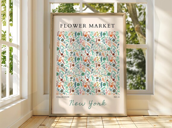New York Flower Market Teal Orange Botanical Pattern Wall Art