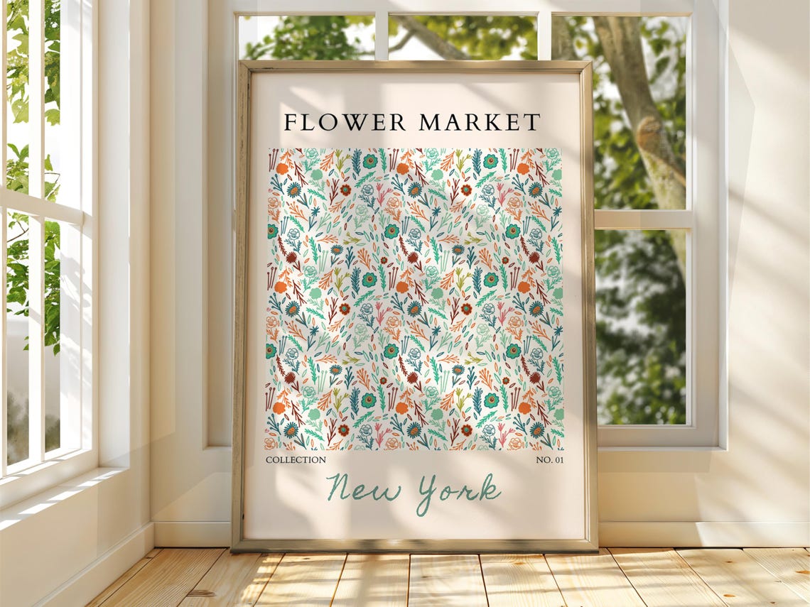 New York Flower Market Teal Orange Botanical Pattern Wall Art