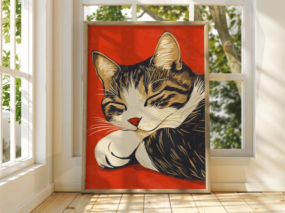 Sleeping Cat On Red Poster Wall Art Illustration Fun Animal Feline Decor Kitten Black Pet