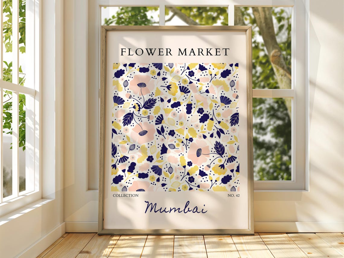 Flower Market Mumbai Navy Blue Floral Pattern Collection Print No 42