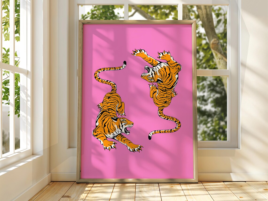 Pink Tiger Poster Jungle Wall Art Animal Illustration Bright Home Decor Print Cool