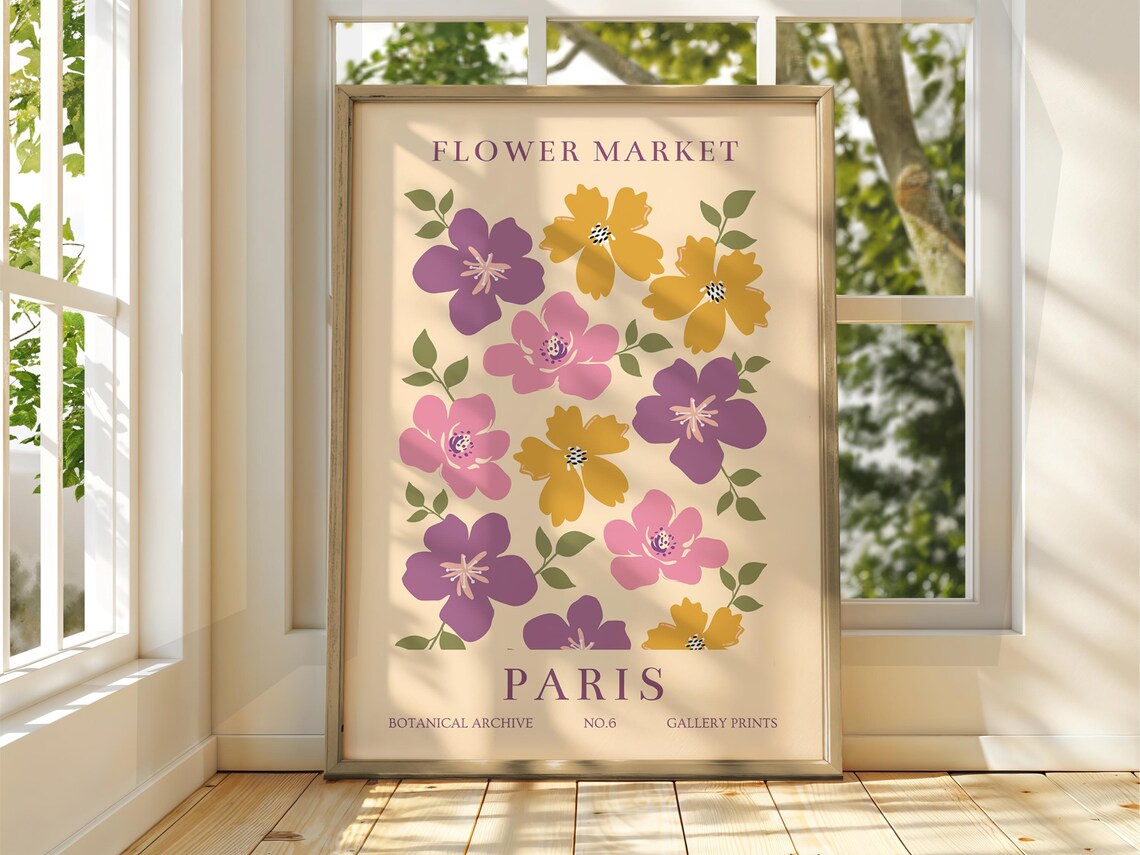 Paris Flower Market Pink Purple Yellow Floral Botanical Art Print