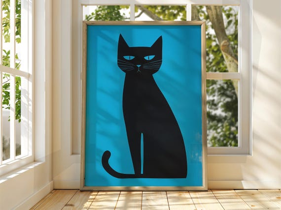 Black Cat On Blue Poster Wall Art Illustration Fun Animal Feline Decor Kitten Pet