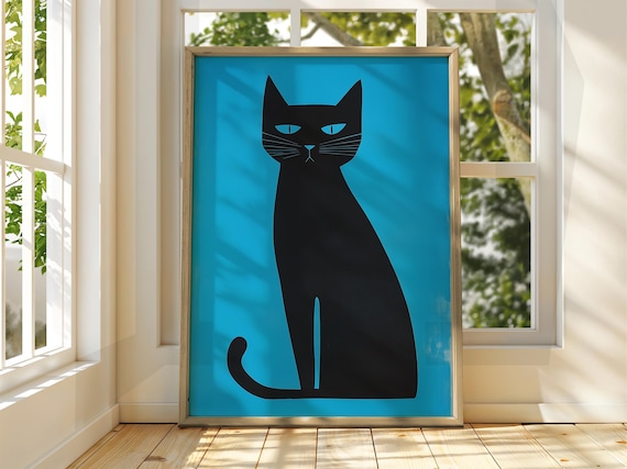 Minimalist Black Cat Silhouette on Bright Blue Background Art Poster