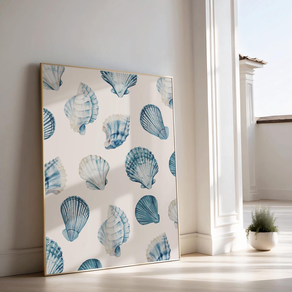 Blue Watercolor Seashell Pattern Coastal Beach House Wall Art - Image 2