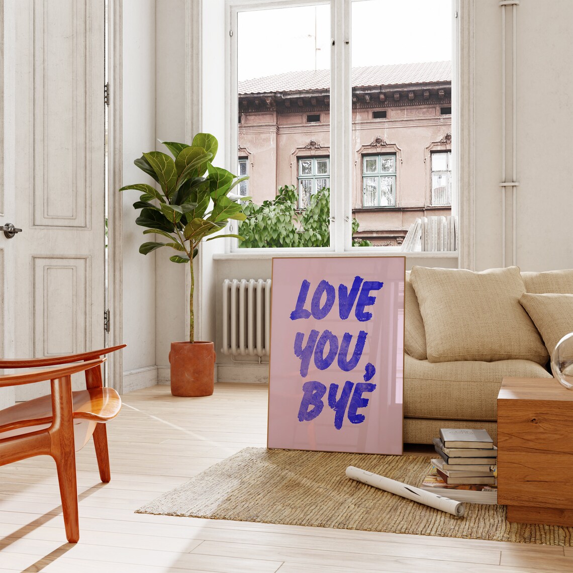 Love You Bye Pink and Blue Brush Lettering Poster Hallway Decor