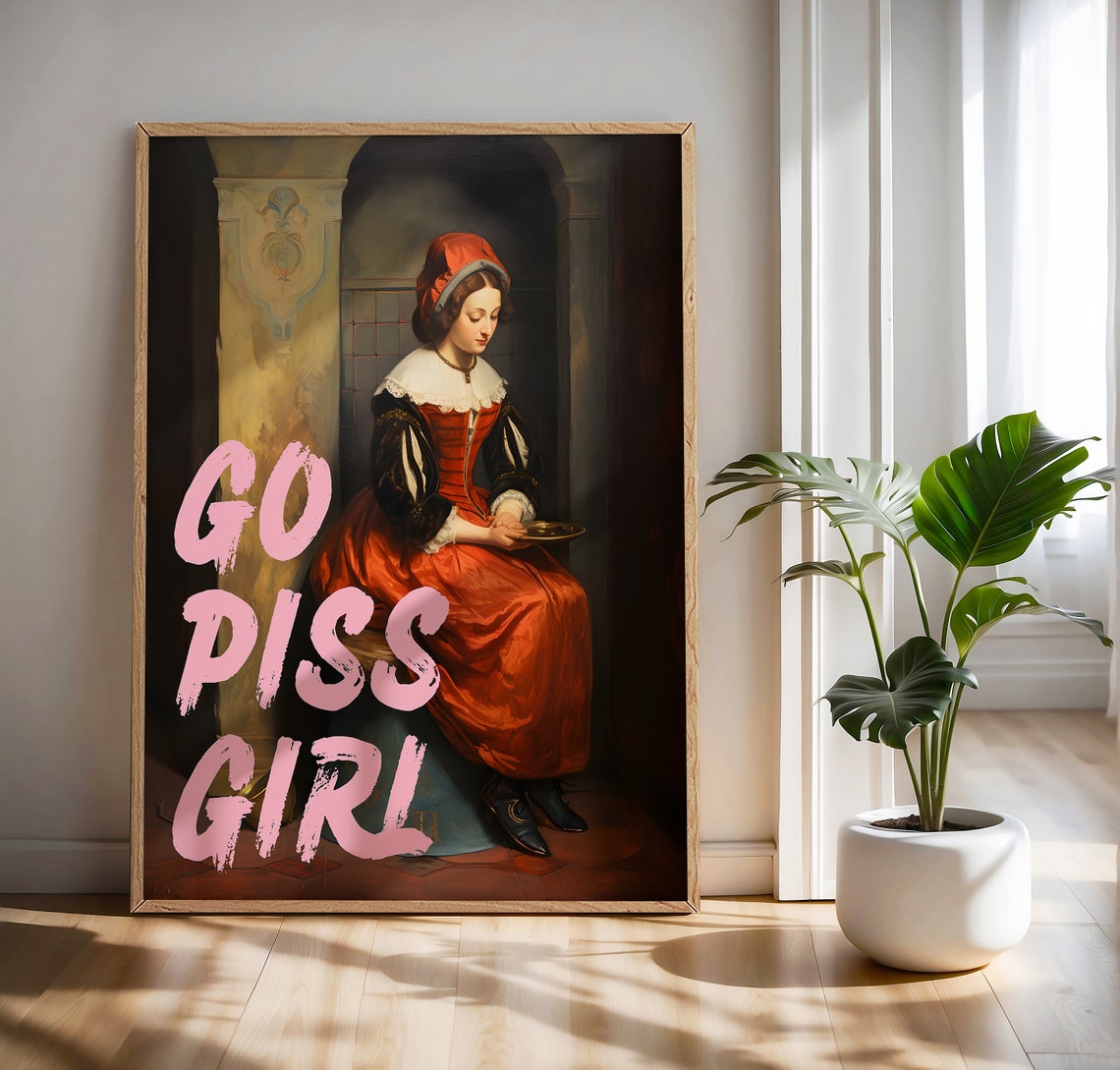 Pink Go Piss Girl Funny Classical Painting Humor Bathroom Poster - Image 2