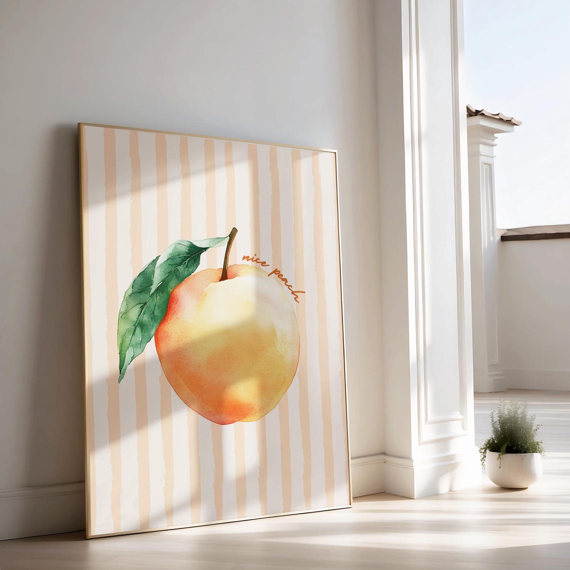 Nice Peach Watercolor Poster Juicy Fruit on Pink Stripes Decor - Image 2