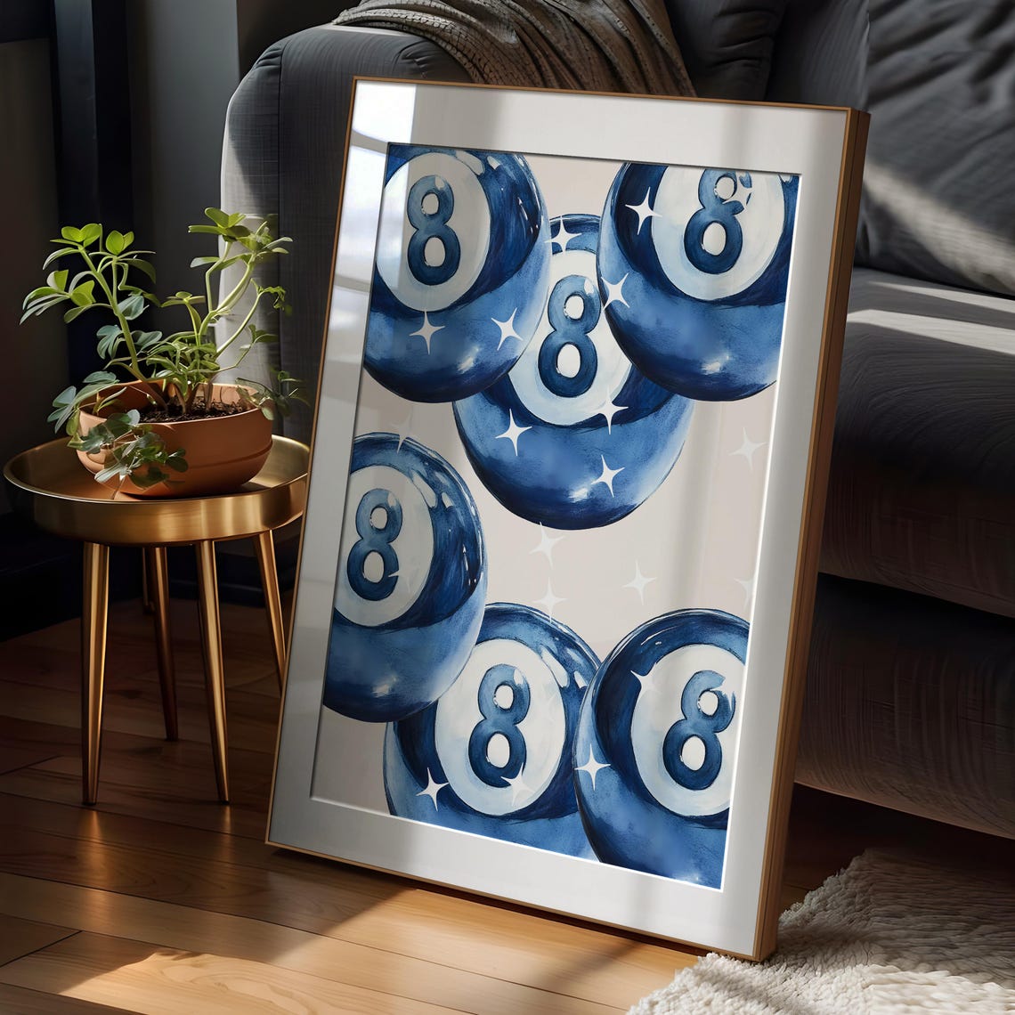 Blue Eight Ball Cluster Watercolor Pool Poster with Sparkles Retro