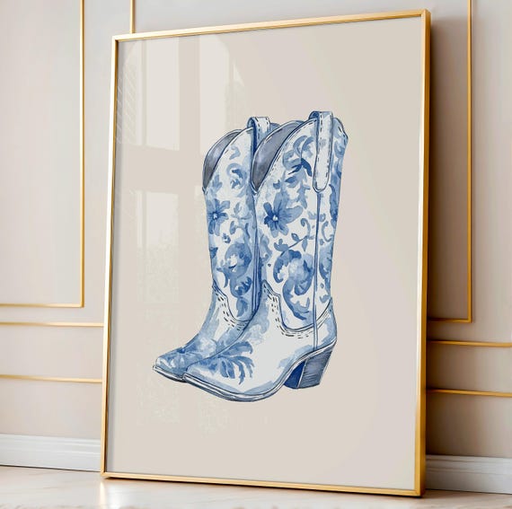 Chinoiserie Cowgirl Boot Print Blue Western Room Decor Cowgirl Wall Art Chinoiserie Wall Art Preppy Room Decor Trendy Blue Prints