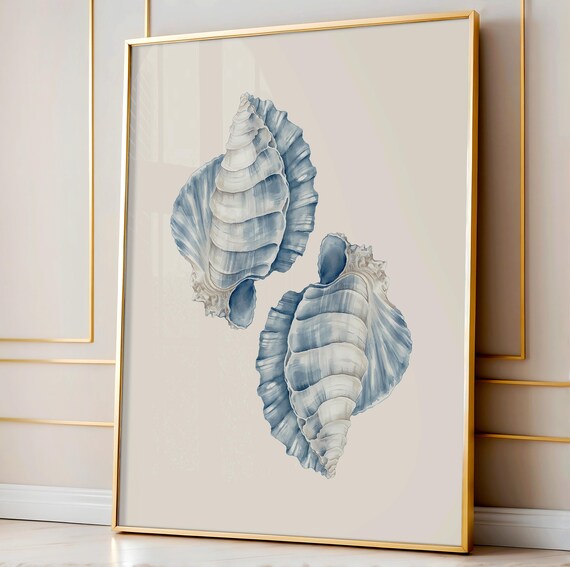 Blue Seashell Print Blue Coastal Wall Art Ocean Wall Art Apartment Wall Art Surf Poster Nautical Wall Art Dorm Wall Decor Blue