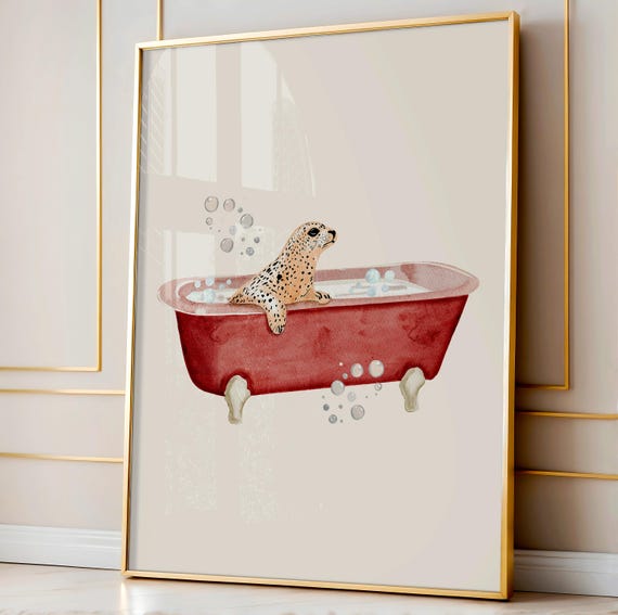 Spotted Seal in a Red Bathtub Funny Watercolor Bathroom Poster
