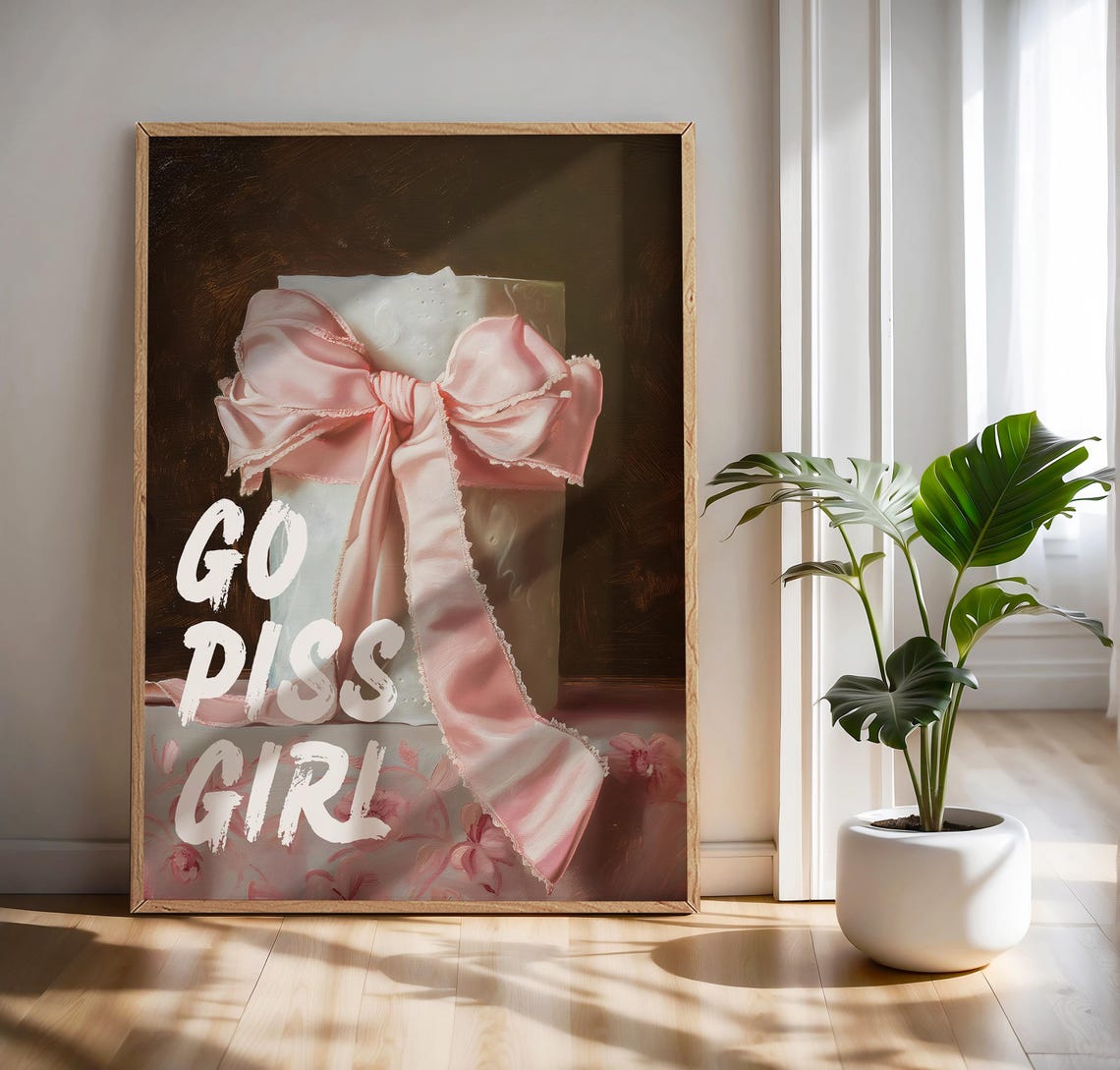 Go Piss Girl Pink Satin Bow Coquette Oil Painting Trendy Wall Decor Poster - Image 3