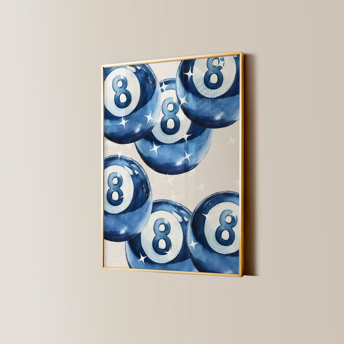 Blue Eight Ball Cluster Watercolor Pool Poster with Sparkles Retro - Image 3