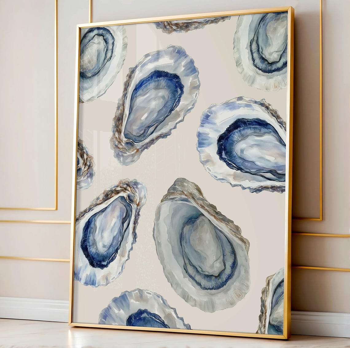 Beachy Blue Watercolor Oyster Shells Coastal Seafood Art Poster