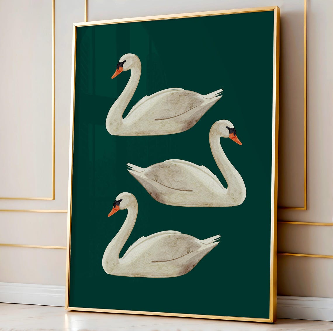 Three White Swans on Emerald Green Watercolor Poster Elegant Art - Image 4