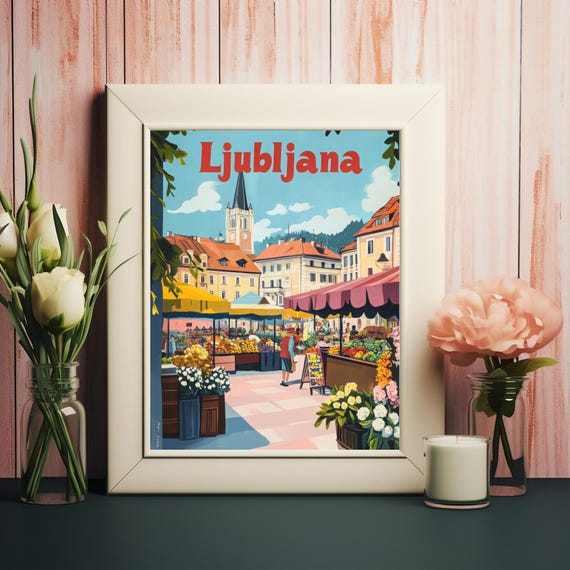 Explore Ljubljana Vibrant Market Scene With Colorful Blooms And Charming Architecture In A Mid 20th Century Travel Style
