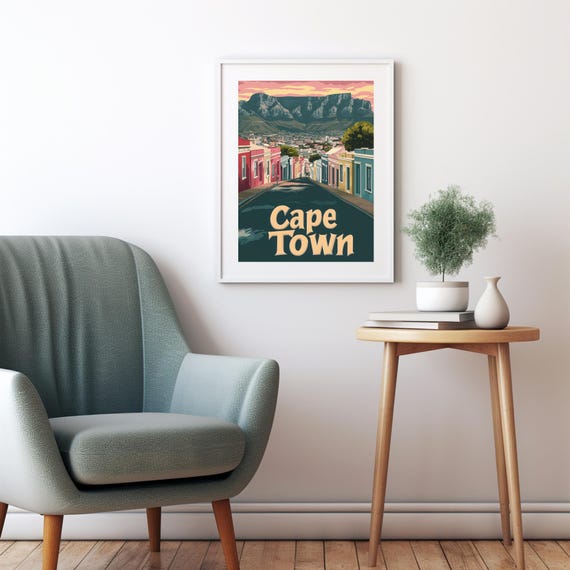 Vibrant Cape Town Illustration Charming Pastel Houses With Table Mountain At Sunset Instant Wall Art