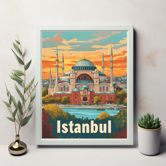 Istanbul A Vibrant Art Illustration Of The Hagia Sophia With Sunset Colors And Lush Scenery Wall Art
