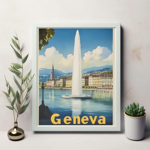 Vibrant Geneva Poster Art Majestic Fountain Scenic Waterfront And Stunning Mountains Instant Wall Art