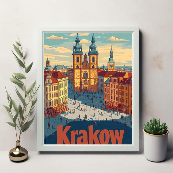 Vibrant Krakow Illustration With Iconic St Marys Basilica In Retro Style Perfect Wall Art For Travel Enthusiasts