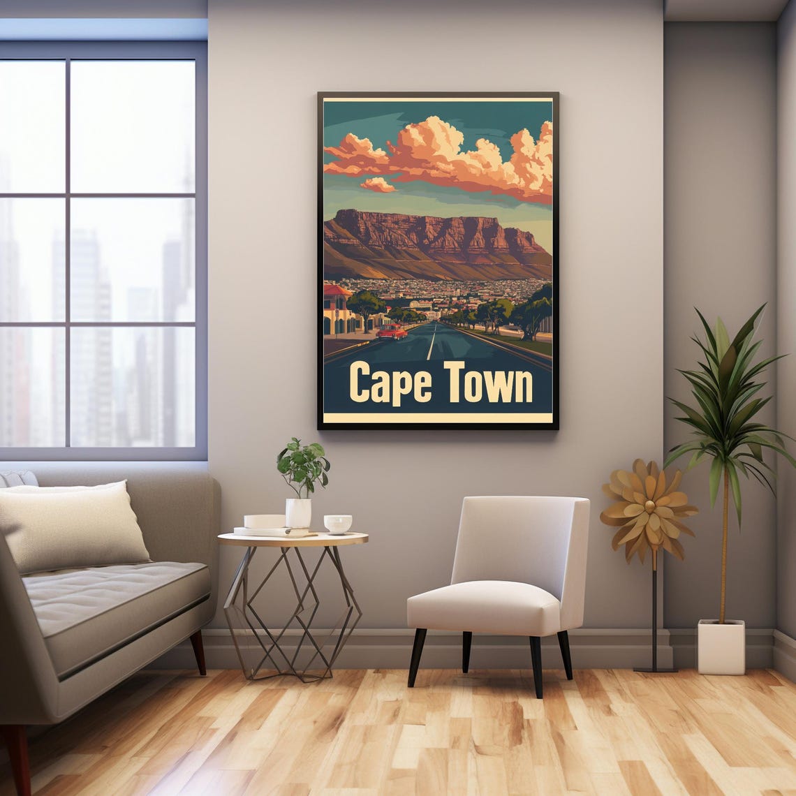 Vintage Cape Town Illustration With Table Mountain At Sunset Retro Wall Art Print For Instant - Image 3