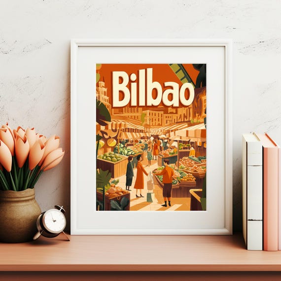 Vibrant Bilbao Market Scene Lively Urban Illustration With Classic Architecture In Warm Tones