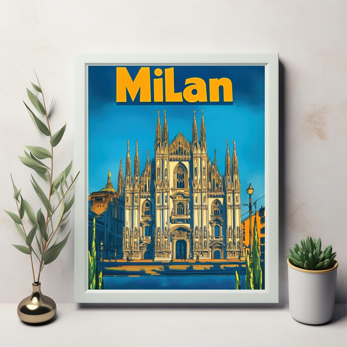Vibrant Illustration Of Milan Cathedral With Bold Milan Text Art Wall Art For Instant