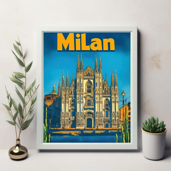 Vibrant Illustration Of Milan Cathedral With Bold Milan Text Art Wall Art For Instant
