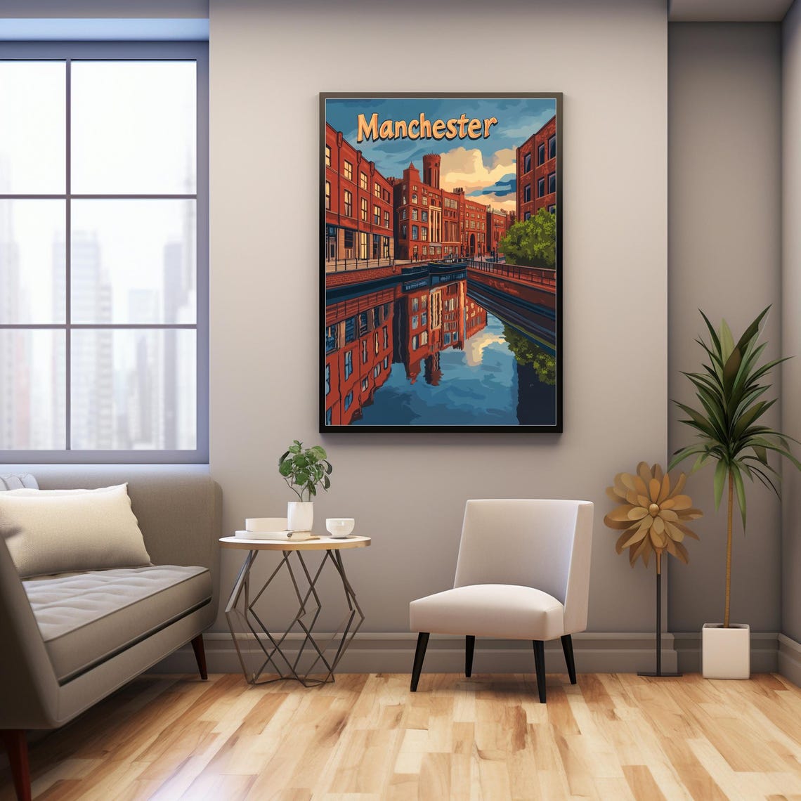 Manchester A Vibrant Art Print Of Iconic Red Brick Architecture Reflected In A Serene Canal Scene - Image 3