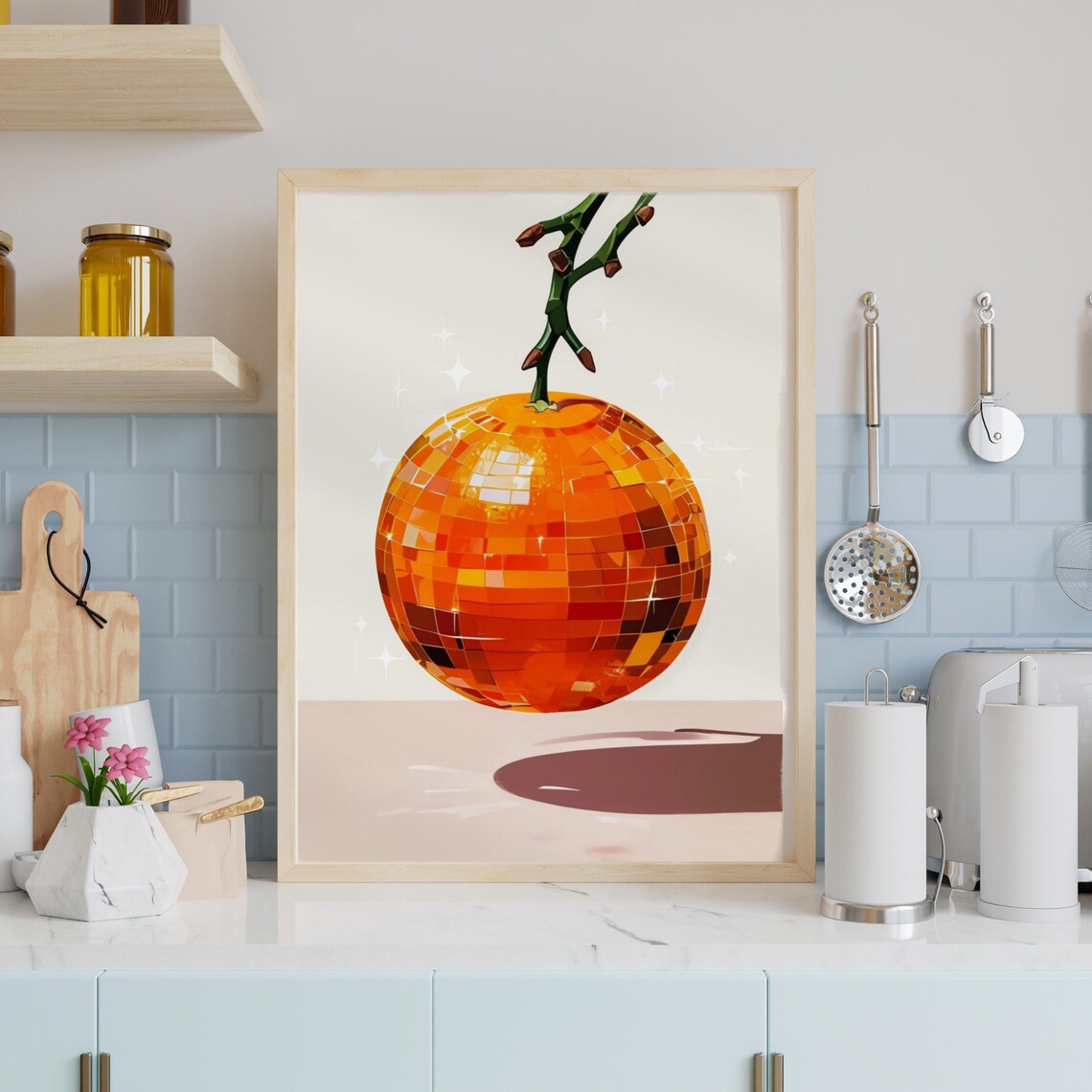 Orange Disco Ball Poster, Retro Funky Kitchen Decor - Image 4